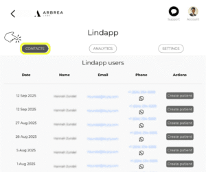 Entre em contato com os pacientes na guia de contatos do Lindapp por meio do Arbrea Suite