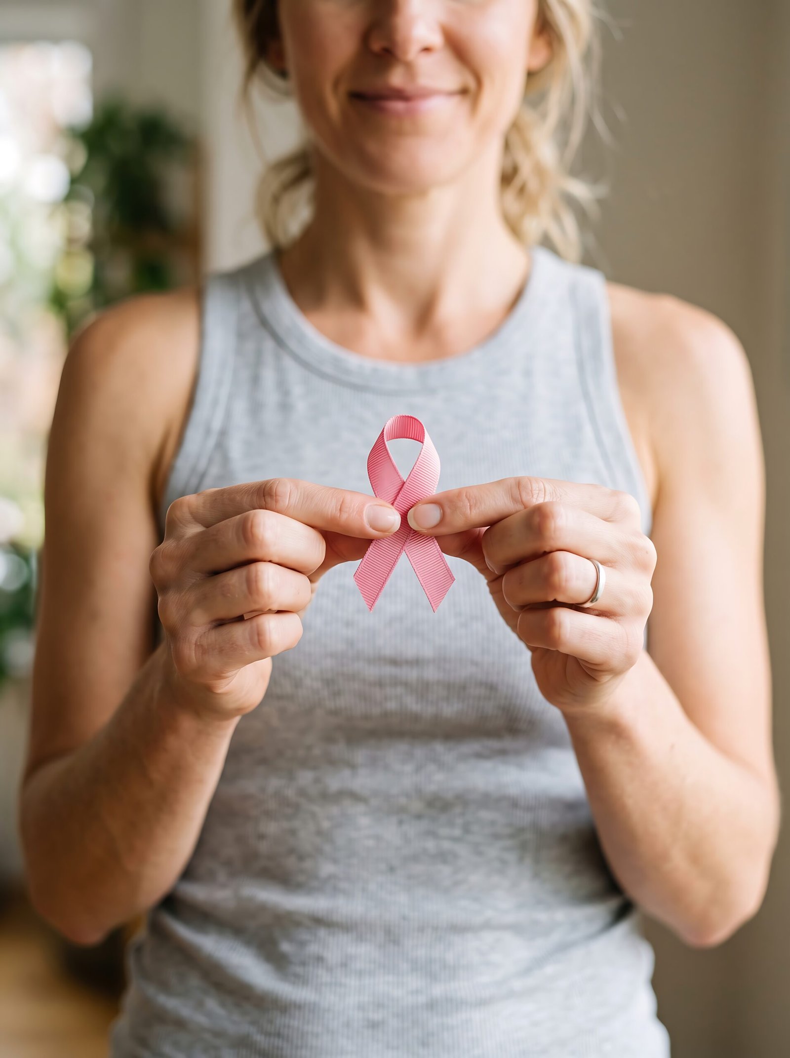 Woman holding a pink ribbon